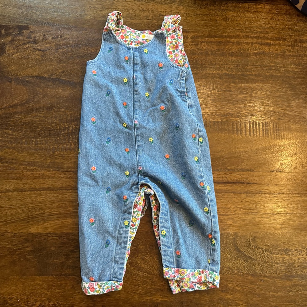 Baby Boden Denim Overalls with Floral Embroidery